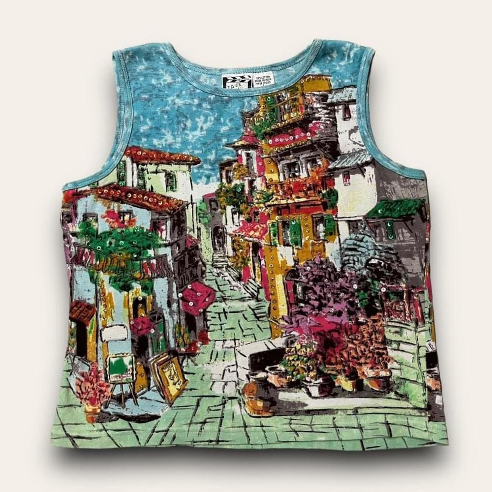 Y2K Graphic Sequin Tank Top Allover Print Take Two Eclectic Artsy Size Large